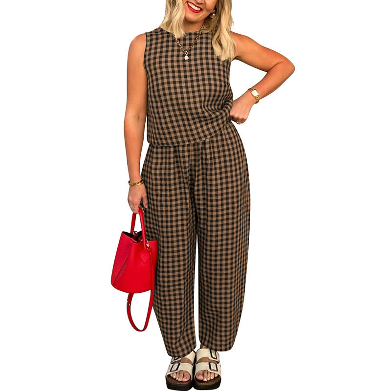 Irina | Women's Plaid Two-Piece Set Crop Top Wide Leg