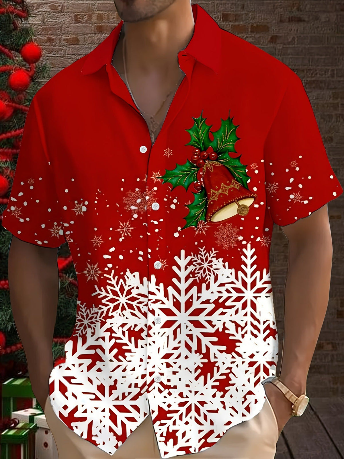 Bouke | Men's Pink Cartoon Print Short Sleeve Christmas Blouse