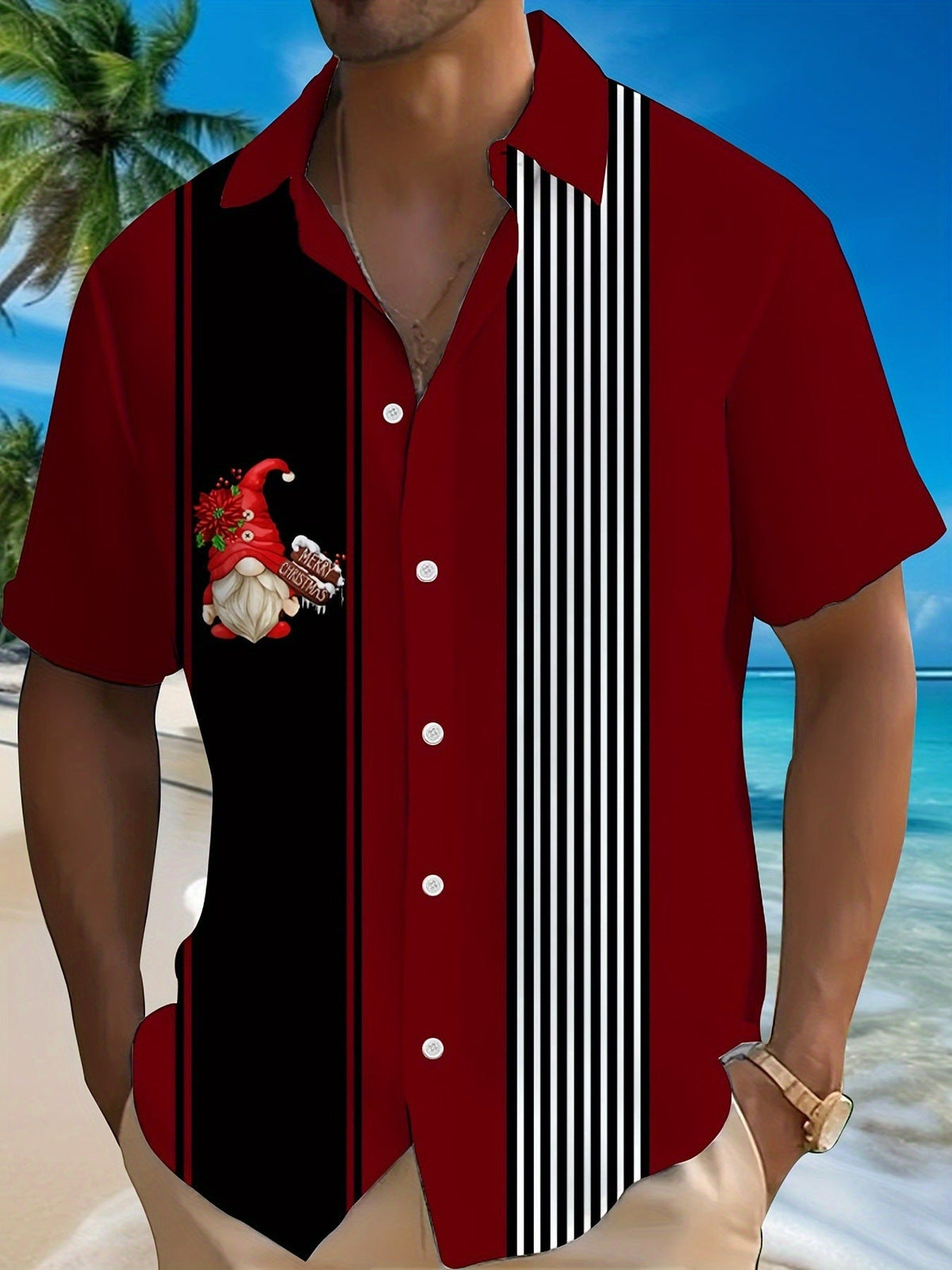 Bouke | Men's Pink Cartoon Print Short Sleeve Christmas Blouse