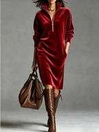 Alina | Women's Velvet Zip-Collar Maxi Dress with Pockets