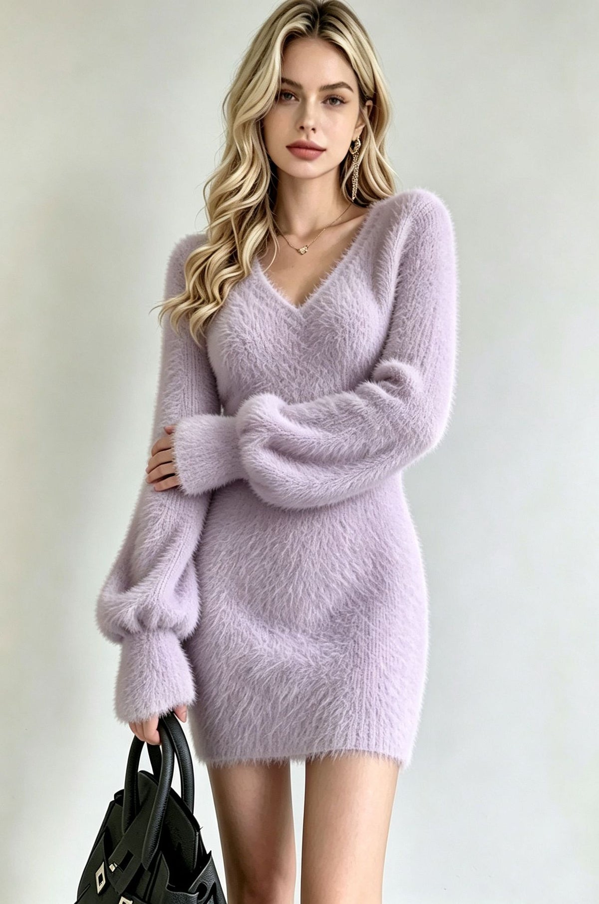 Gianna | Women's Fluffy V-Neck Knit Sweater Dress