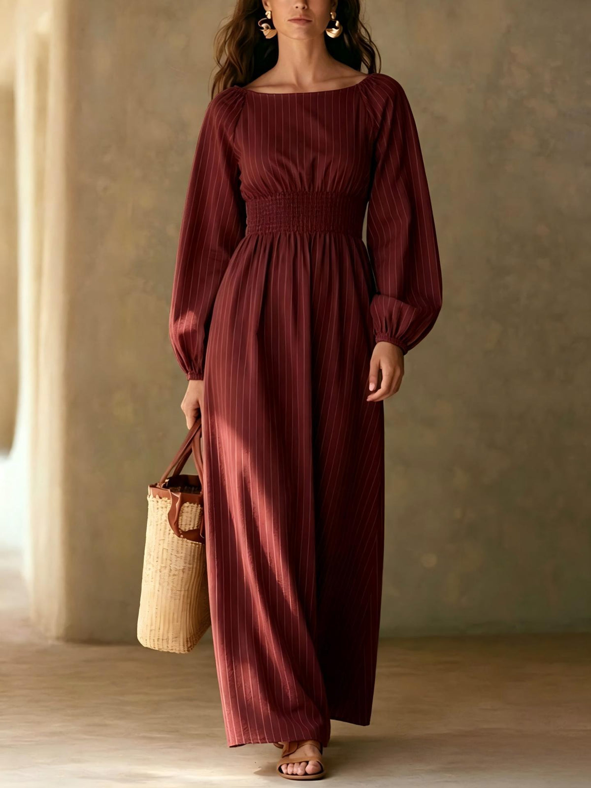 Lucienne | Women's Striped A-Line Puff-Sleeve Maxi Dress