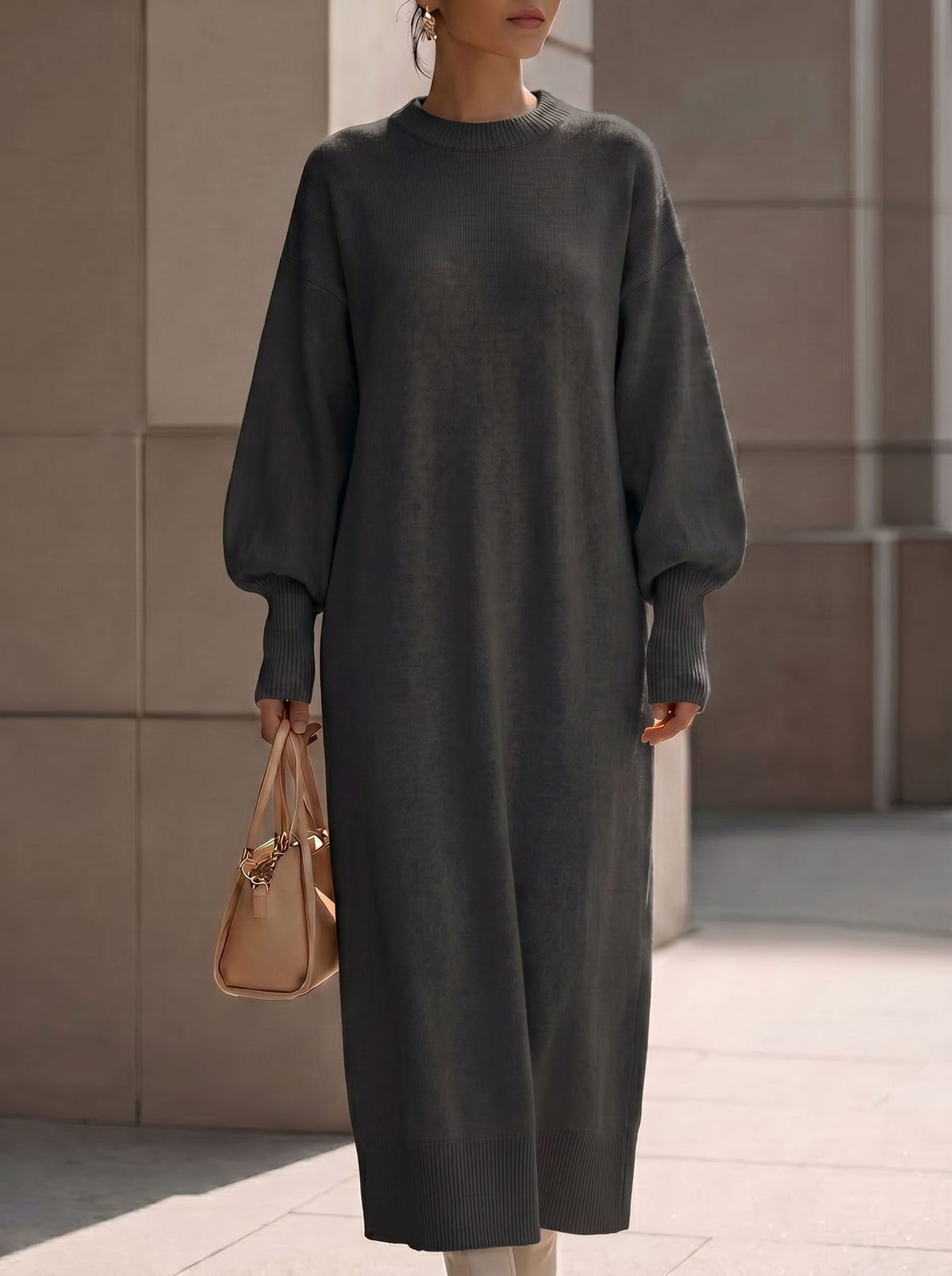 Aria | Women's Ribbed Lantern-Sleeve Knit Maxi Dress