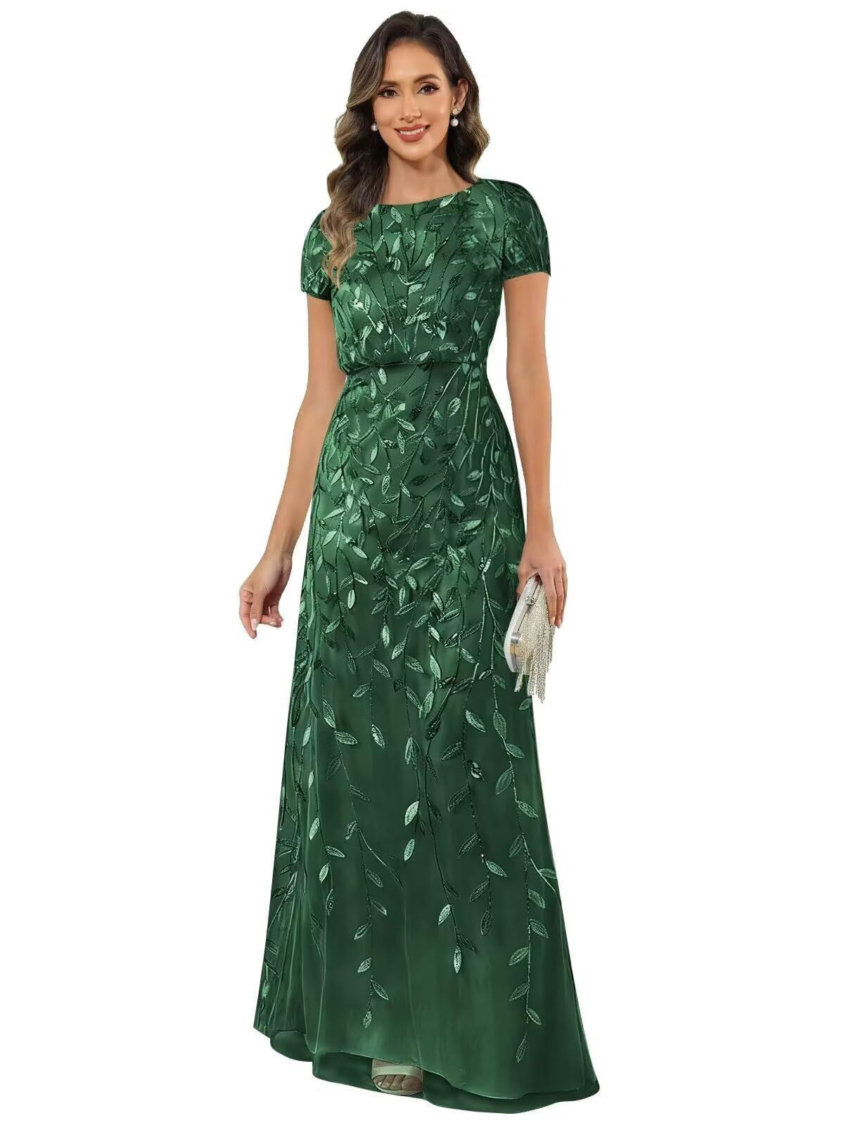 Fabiola | Women's Sequin Leaf Maxi Dress with Puff Sleeve