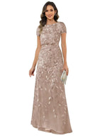 Fabiola | Women's Sequin Leaf Maxi Dress with Puff Sleeve
