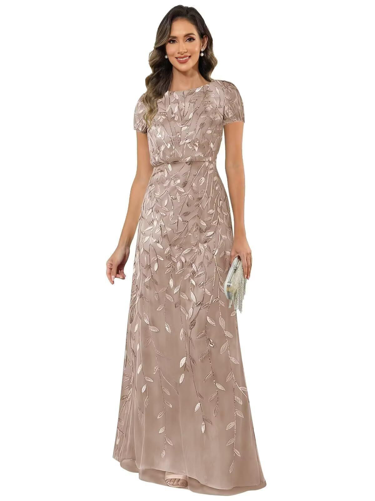 Fabiola | Women's Sequin Leaf Maxi Dress with Puff Sleeve