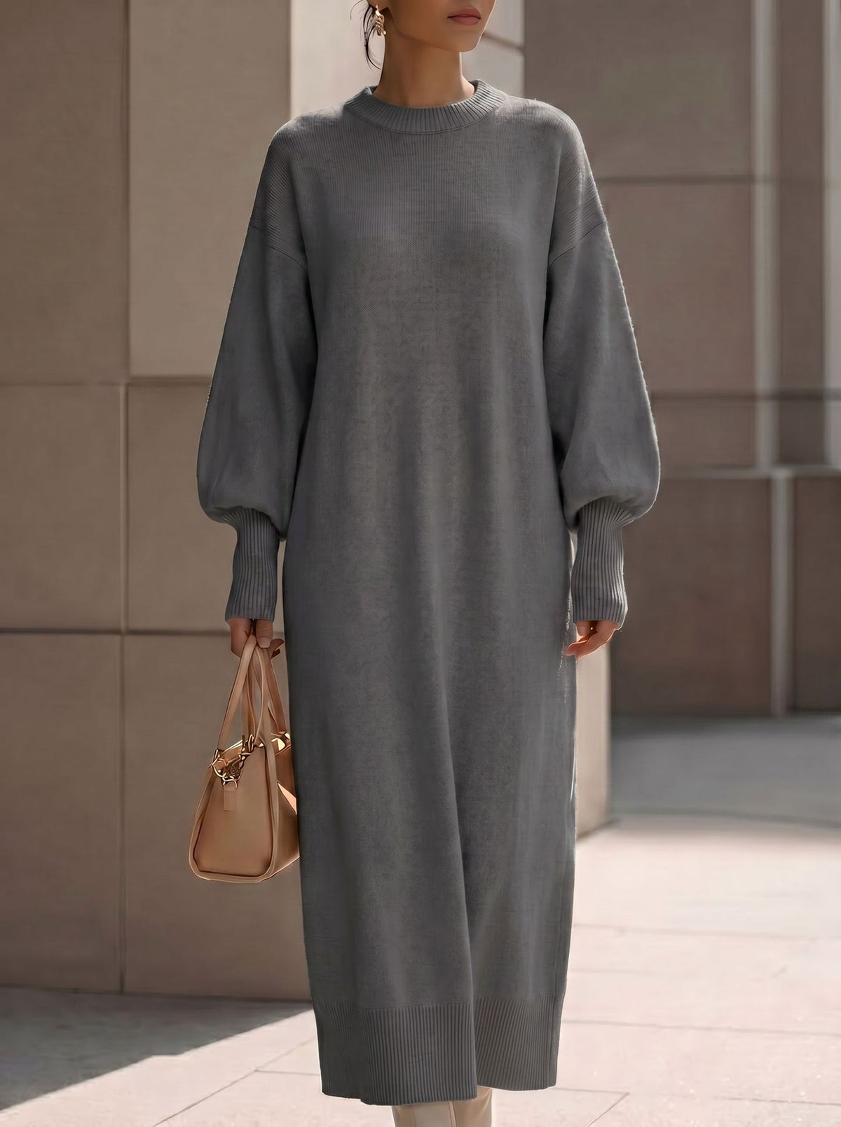 Aria | Women's Ribbed Lantern-Sleeve Knit Maxi Dress