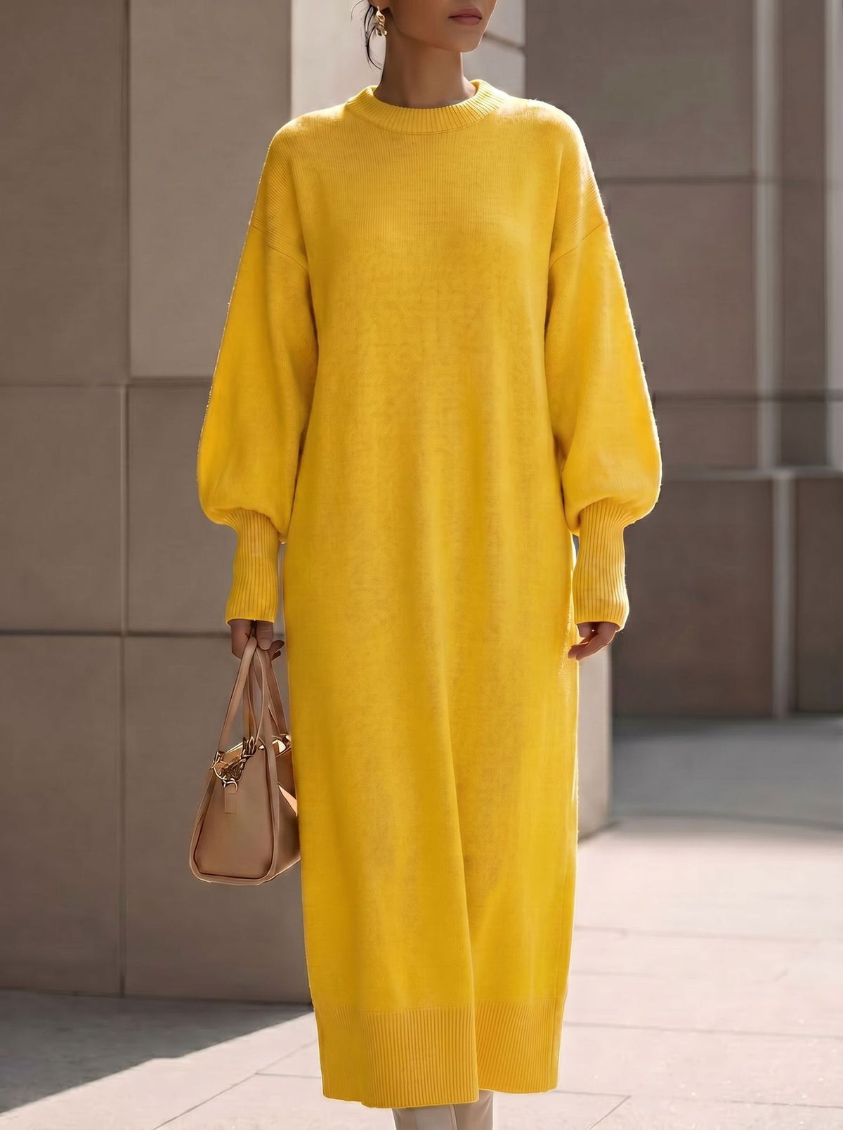 Aria | Women's Ribbed Lantern-Sleeve Knit Maxi Dress