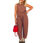 Irina | Women's Plaid Two-Piece Set Crop Top Wide Leg