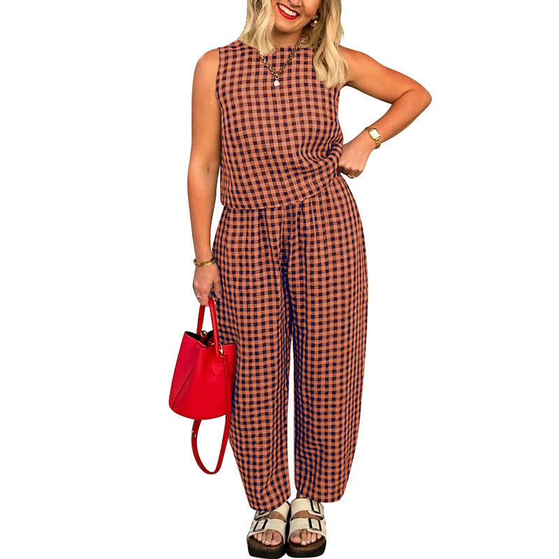 Irina | Women's Plaid Two-Piece Set Crop Top Wide Leg