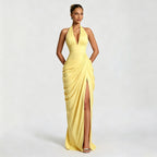 Edeltraud | Women's Halter V-Neck Ruched Slit Cocktail Dress