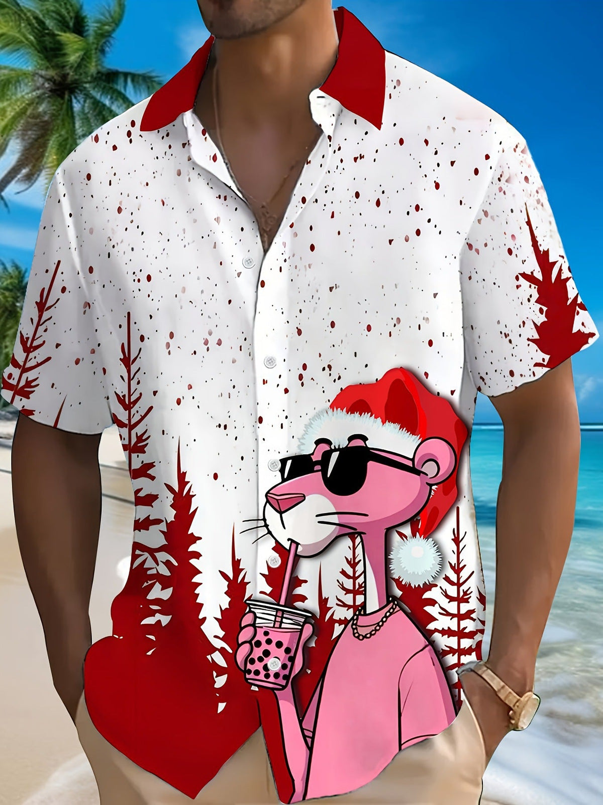 Bouke | Men's Pink Cartoon Print Short Sleeve Christmas Blouse