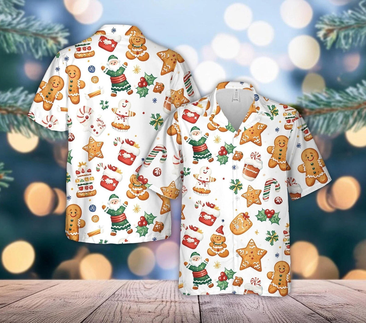 Corentin | Men's Gingerbread Print Short Sleeve Christmas Blouse