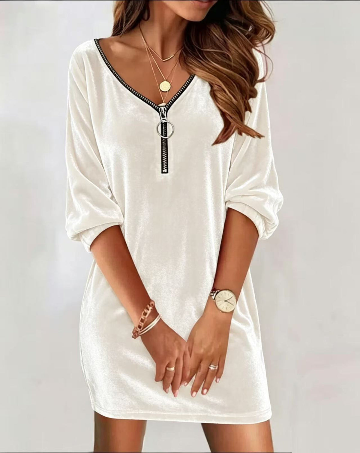 Alanis | Women's V-Neck Zip Front Mini Dress with Batwing Sleeve