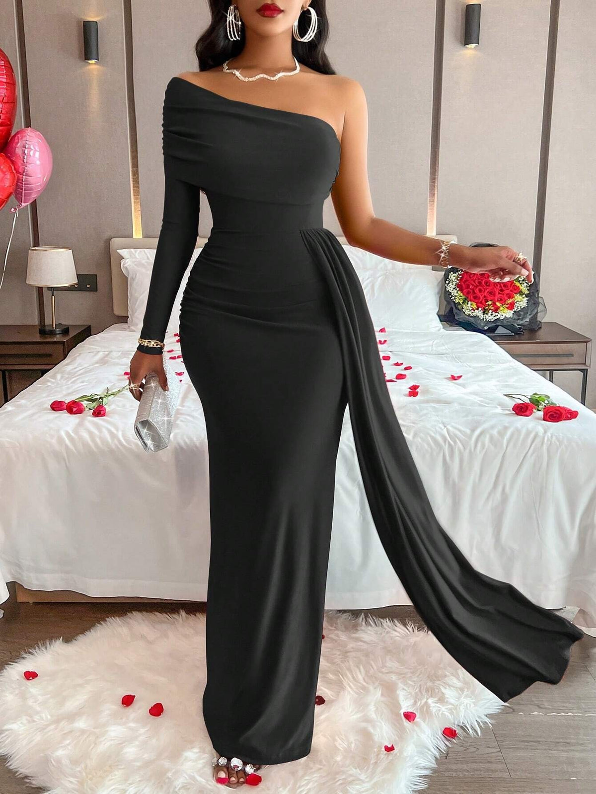 Gerrie | Women's One-Shoulder Ruched Bodycon Maxi Cocktail Dress