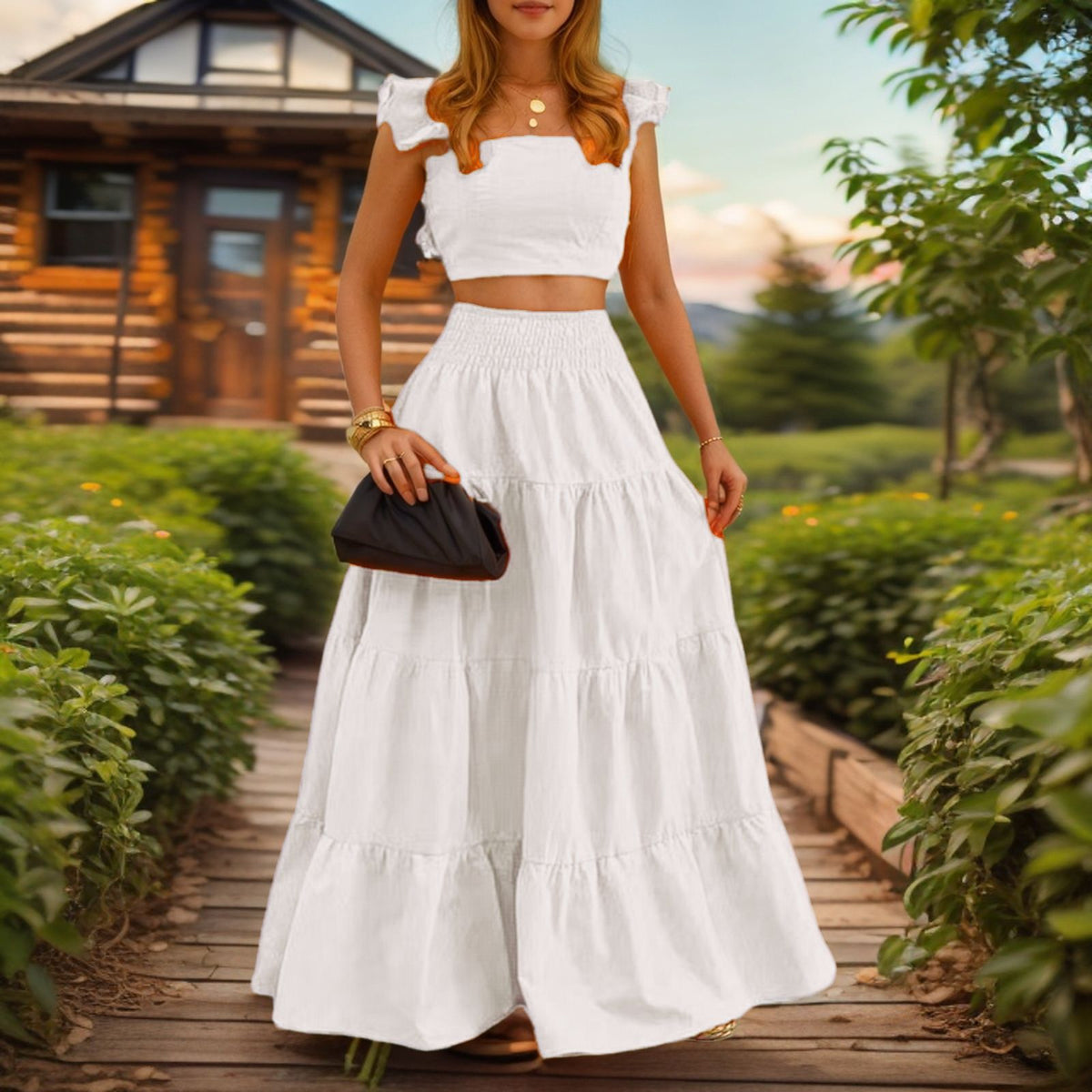 Lieske | Women's Tiered Ruffle-Strap Crop Top & Maxi Skirt Set