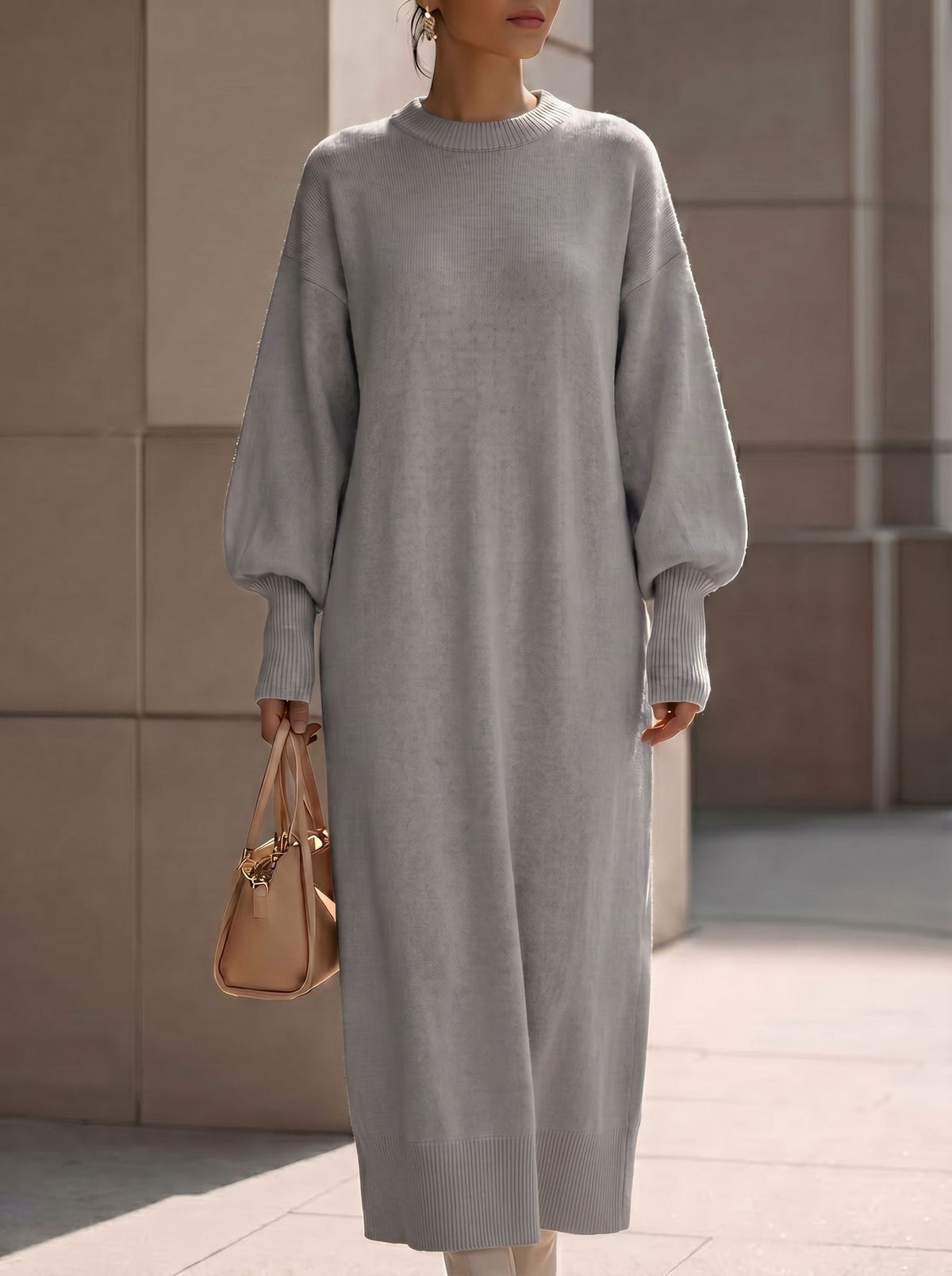 Aria | Women's Ribbed Lantern-Sleeve Knit Maxi Dress