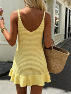 Meadow | Women's Ribbed Knit V-Neck Mini Dress with Ruffle Hem