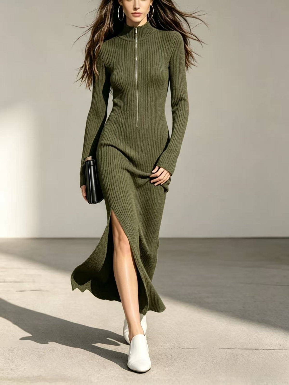 Marlyn | Women's Ribbed Zip-Front Sweater Dress with Side Slit