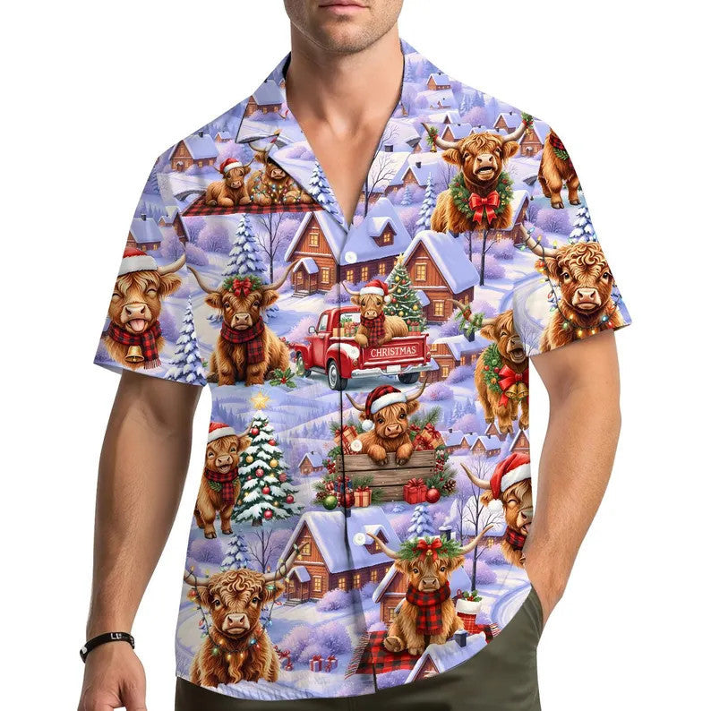 Corentin | Men's Gingerbread Print Short Sleeve Christmas Blouse