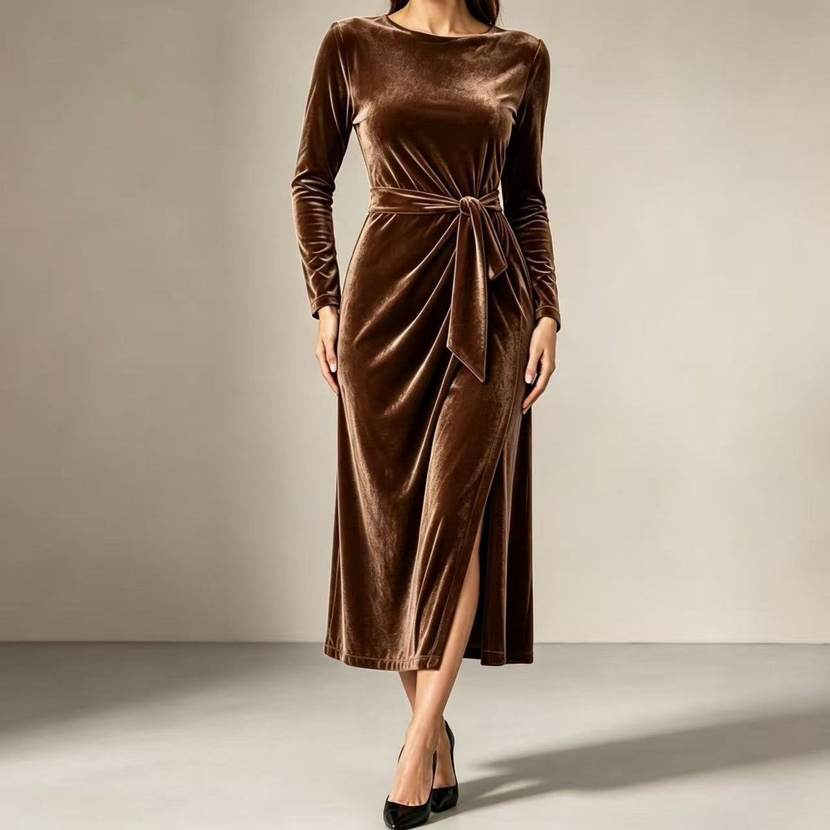 Bodine | Women's Belted Wrap Velvet-Look Maxi Dress