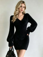 Gianna | Women's Fluffy V-Neck Knit Sweater Dress