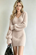 Gianna | Women's Fluffy V-Neck Knit Sweater Dress