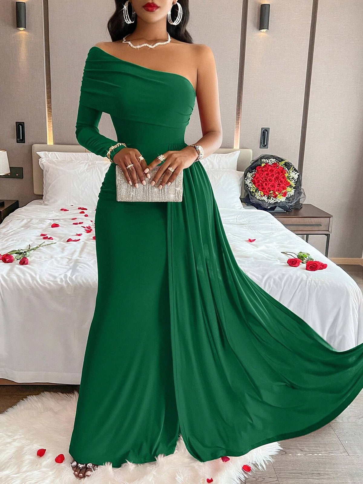 Gerrie | Women's One-Shoulder Ruched Bodycon Maxi Cocktail Dress