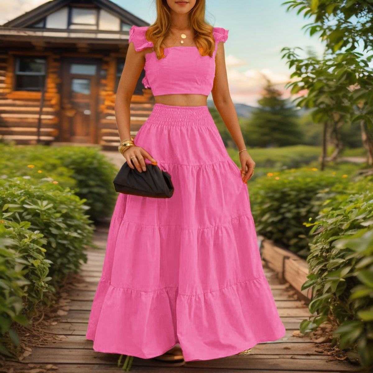 Lieske | Women's Tiered Ruffle-Strap Crop Top & Maxi Skirt Set