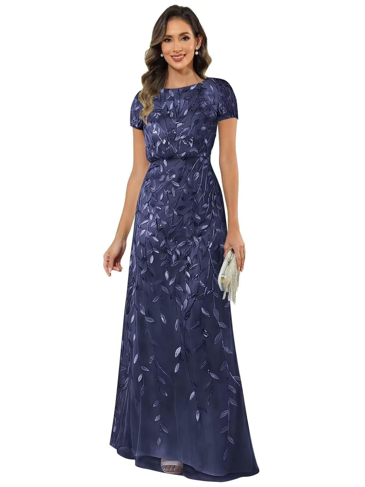 Fabiola | Women's Sequin Leaf Maxi Dress with Puff Sleeve