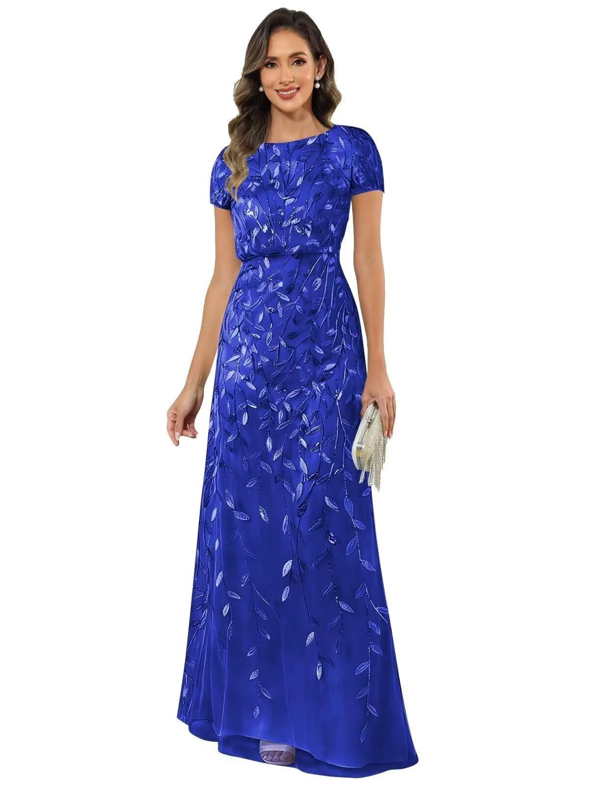 Fabiola | Women's Sequin Leaf Maxi Dress with Puff Sleeve