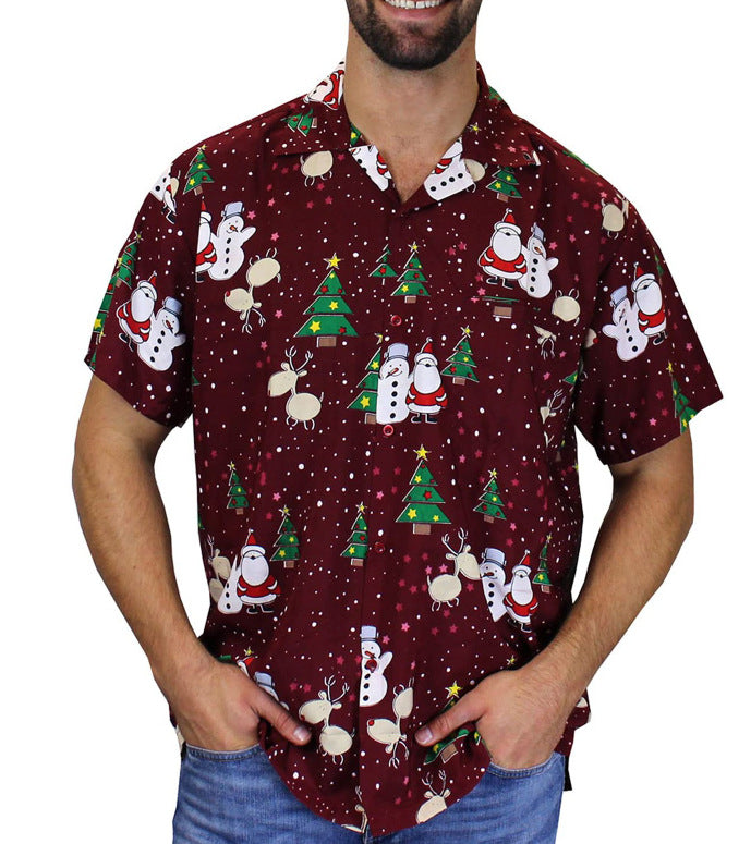 Kris | Men's Short Sleeve Christmas Blouse with Santa Print