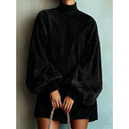 Wrenley | Women's Ribbed Lantern-Sleeve Mock Neck Mini Dress