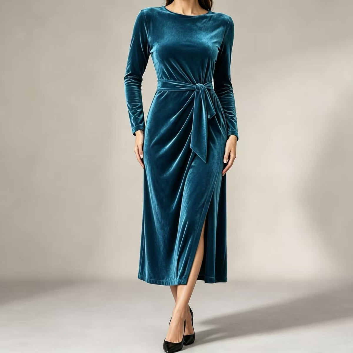 Bodine | Women's Belted Wrap Velvet-Look Maxi Dress