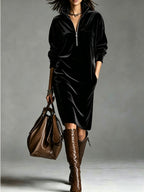 Alina | Women's Velvet Zip-Collar Maxi Dress with Pockets