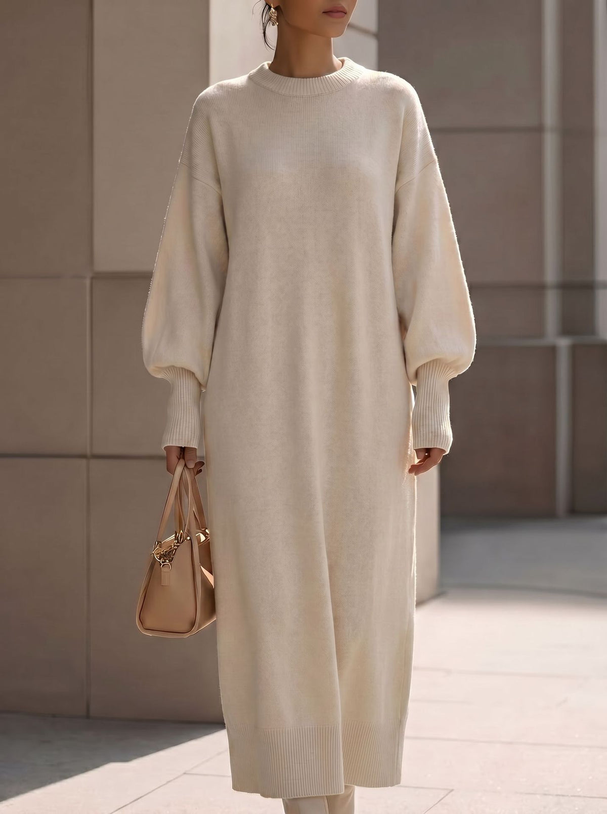 Aria | Women's Ribbed Lantern-Sleeve Knit Maxi Dress