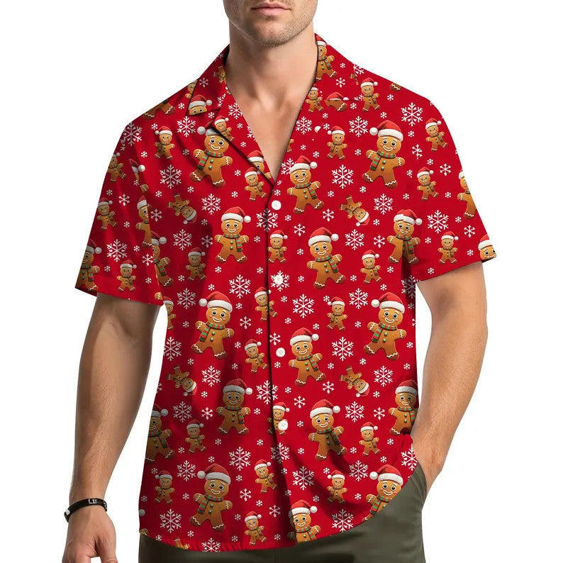 Corentin | Men's Gingerbread Print Short Sleeve Christmas Blouse