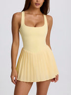 Genevie | Women's Square-Neck Ribbed Pleated Mini Dress
