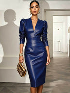 Burgel | Women's V-Neck Puff-Sleeve Maxi Dress Belted Bodycon