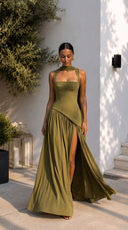 Annelise | Women's Square Neck Maxi Dress with Thigh Split