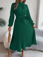 Nanna | Women's Belted Pleated Midi Dress with Mock Neck