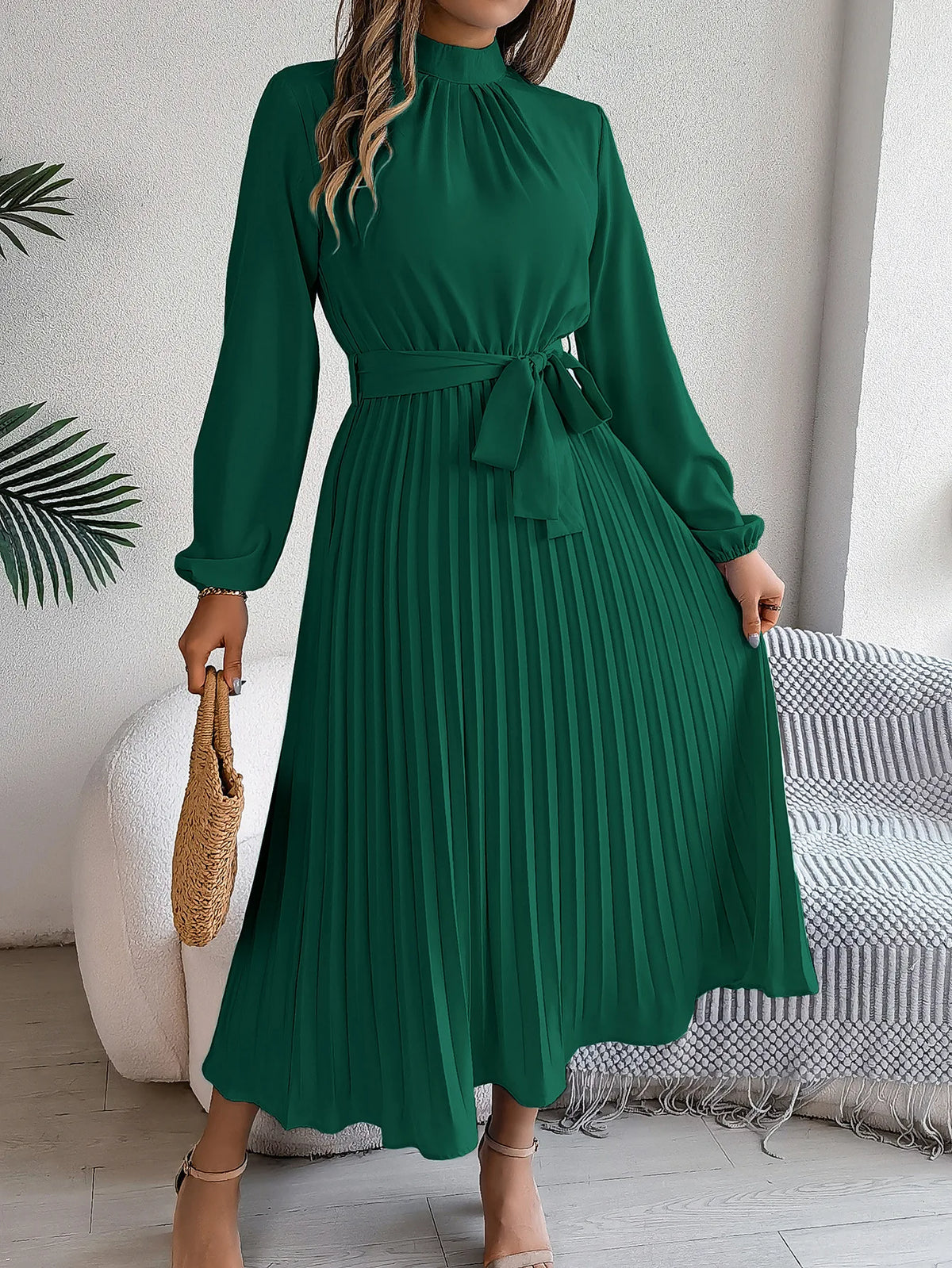 Nanna | Women's Belted Pleated Midi Dress with Mock Neck