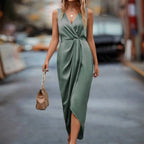 Cathrine | Women's Wrap-Front Satin Midi Dress with Slit
