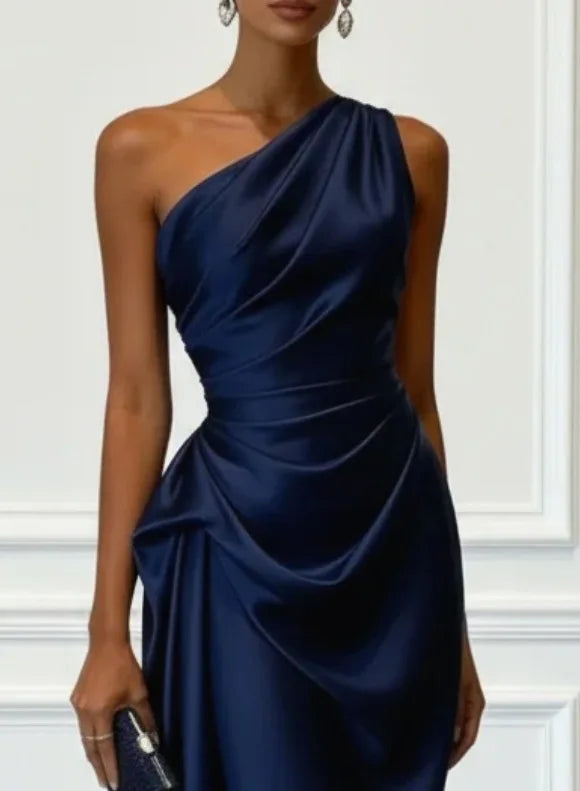 Heleen | Women's Draped One-Shoulder Satin Midi Dress