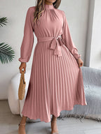 Nanna | Women's Belted Pleated Midi Dress with Mock Neck