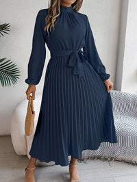 Nanna | Women's Belted Pleated Midi Dress with Mock Neck