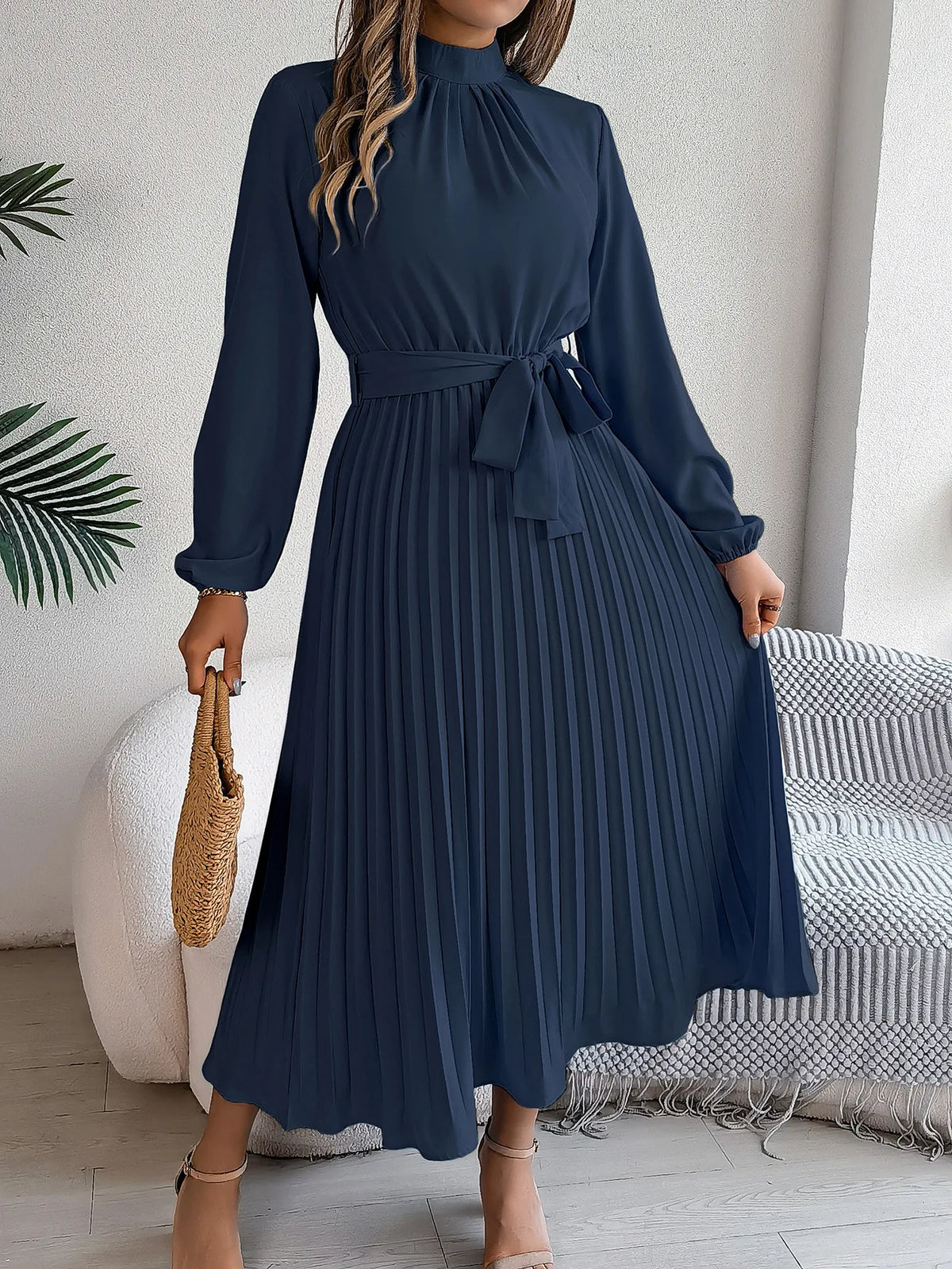 Nanna | Women's Belted Pleated Midi Dress with Mock Neck