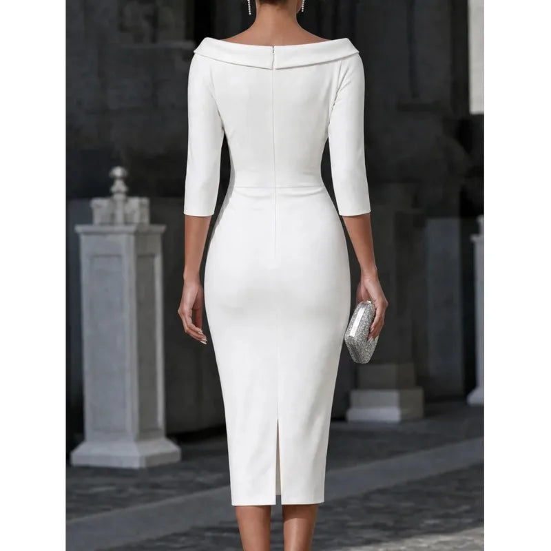 Karoline | Women's Ruched Boat Neck Cocktail Dress Knee-Length