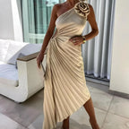 Eliane | Women's One-Shoulder Rosette Pleated Maxi Dress