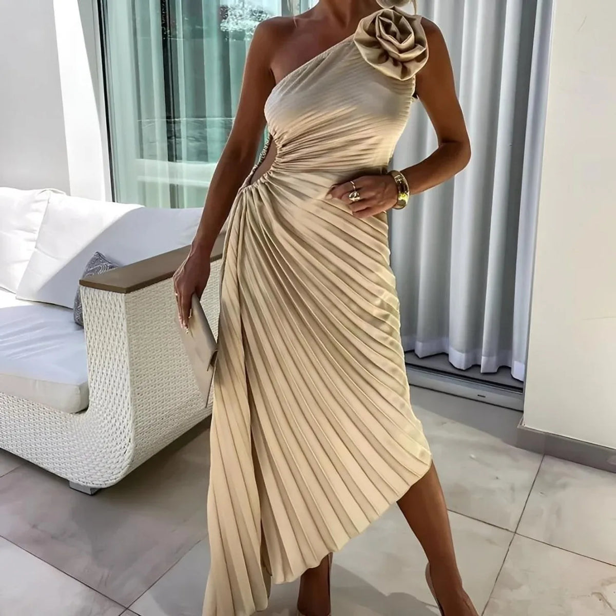 Eliane | Women's One-Shoulder Rosette Pleated Maxi Dress